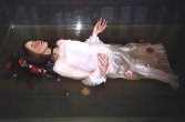 Ophélie - Installation d'une sculpture composée de cire et de matériaux divers, dans une boîte en verre (210 X 120 cm) contenant de l'eau teintée et des fleurs artificielles, 2005.